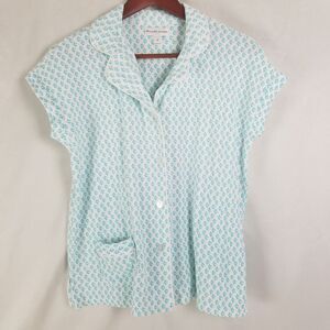 Miss Elaine Sleepwear Shirt‎ Womens Medium White Blue Top Short Sleeve Button Up